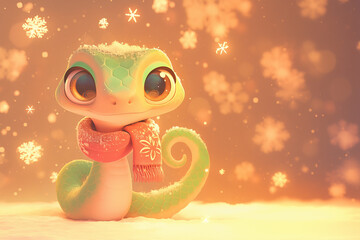 Sticker - 3D A cartoon snake is wearing a red scarf and sitting in the snow. The image has a playful and whimsical mood