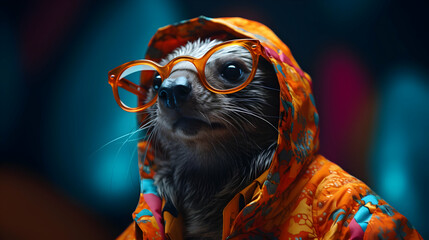 Canvas Print - Hedgehog in Glasses Wearing a Colorful Hoodie - Realistic Image