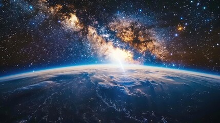 Wall Mural - stunning view of earth from space with the milky way galaxy illuminating the sky, showing the univer