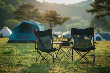 camp in the sunny outdoors with just one tent. camping chair bbq rack during the day.