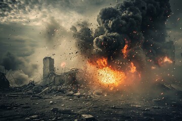 apocalyptic urban scene with catastrophic explosion. fiery inferno. and chaotic destruction in the c