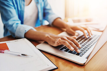 Poster - Remote work, typing or hands of woman at laptop for contact, communication or diary for schedule at home. Female writer, tech or feedback on internet for email, response and manager of online company