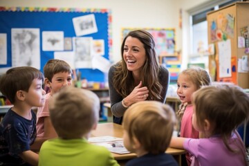 Teacher and children in a classroom talking student adult togetherness.