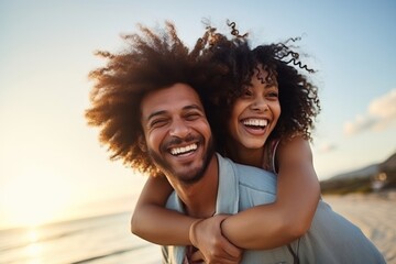 Wall Mural - Portrait of black couple at the beach smile laughing vacation.