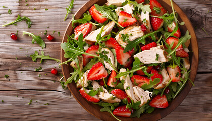 Canvas Print - Chicken salad with arugula and strawberries. Top view