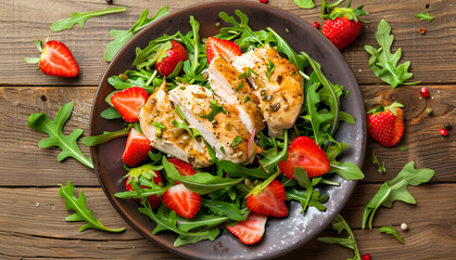 Wall Mural - Chicken salad with arugula and strawberries. Top view