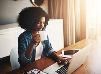 Poster - Coffee, laptop and remote work with woman in home office for small business or startup administration. Computer, drink and entrepreneur person in apartment to research target audience information