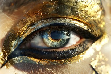 Poster - Striking closeup shot of a blue eye with golden shimmering makeup