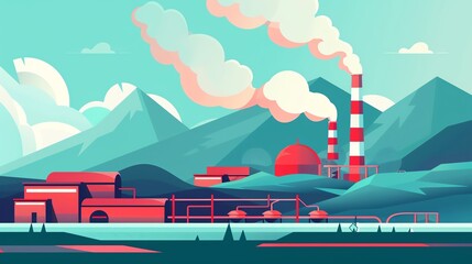 Geothermal power station, steam rising, flat design illustration