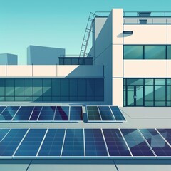 Solar panel array on industrial building, flat design illustration