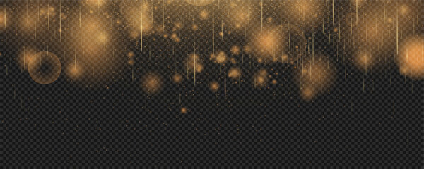 Wall Mural - Christmas glowing bokeh confetti light and glitter texture overlay for your design. Festive sparkling gold dust png. Holiday powder dust for cards, invitations, banners, advertising.