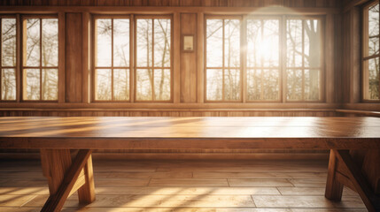 Wall Mural - Wooden clean table, The sun shines through the window., generative ai