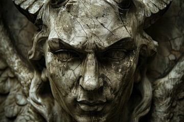 Closeup of an antique statue with intricate details and cracked texture, evoking a sense of history and mystery