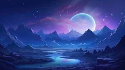 Wall Mural - Futuristic landscape with mountains at night. illustration for your design., generative ai