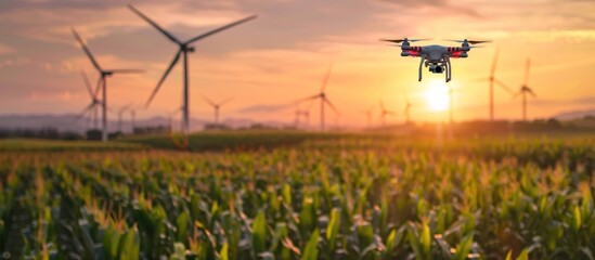 Poster - Drone Flying Over a Field of Corn at Sunset