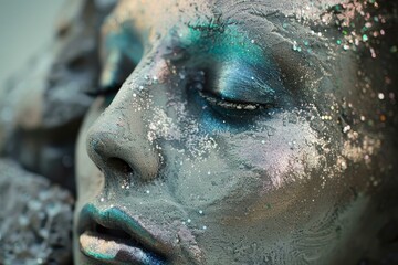 Canvas Print - Closeup of a person's face with artistic blue makeup and sparkling glitter