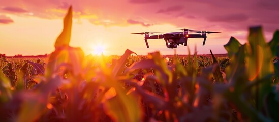 Poster - Drone Flying Over Cornfield at Sunset