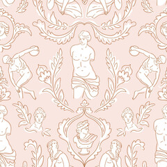 Seamless pattern with ancient greek statue, bust on pink background. Greece culture antique vector repeat pattern design. Historical flat cartoon wallpaper