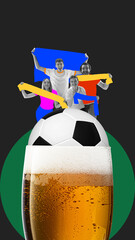 Wall Mural - Group of enthusiastic fans holding colorful scarves cheer above giant beer mug and soccer ball, against dark background. Contemporary art collage. Concept of sport, event, competition, human emotions