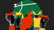 © master1305 - Back view of sport fans raising colorful scarves, supporting favorite soccer team again abstract colorful stadium and black background. Contemporary art collage. Concept of sport, event, competition