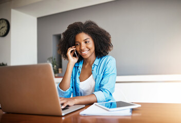 Poster - Black woman, smile and phone call chat with laptop for remote work, online project and freelancer in home. African lady, computer and mobile conversation for publishing info, research and copywriting