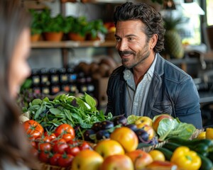 Portrait of a Nutritionist Providing Expert Advice on Healthy Eating to a Client in an Office Setting with Fresh Fruits and Vegetables on the Table