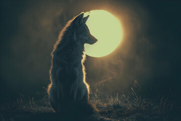 Wall Mural - Wolf Silhouette Under a Golden Moon Realistic Photo