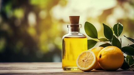 Wall Mural - Lemon essential oil in a bottle on a wooden background. selective focus. Generative AI,