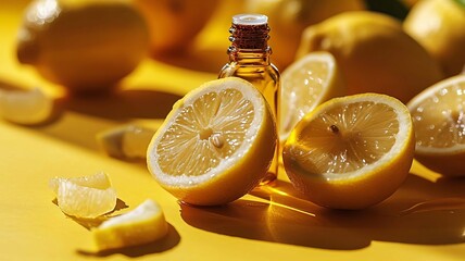 Wall Mural - Lemon essential oil in a bottle on a yellow background. selective focus. Generative AI,