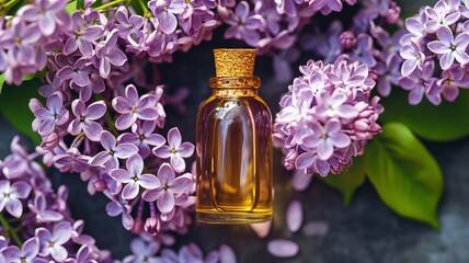 Wall Mural - Lilac essential oil in a small bottle. Selective focus. Generative AI,