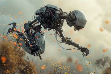 Poster - Highly detailed robotic arm extends amidst an atmospheric field with floating particles