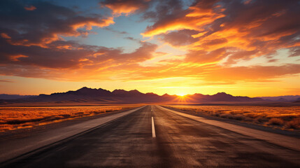 Wall Mural - Asphalt road in the steppe at sunset. Landscape., generative ai