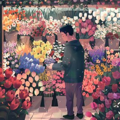 A man was shoosing flowers, among the many flowers in the flower shop, illustration