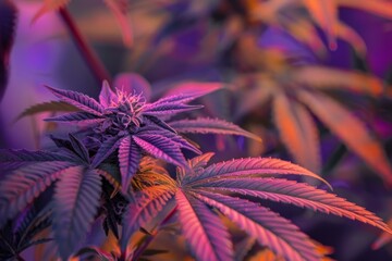 Canvas Print - Macro shot of a cannabis plant with purple and orange tones under grow lights