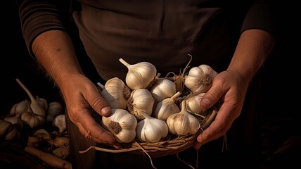 Canvas Print - A man farmer holds a harvest of garlic in his hands. Selective focus. Generative AI,