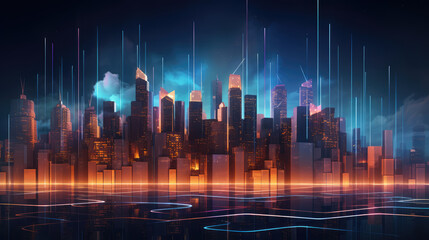 Wall Mural - cityscape with glowing forex chart on dark background. 3d, generative ai