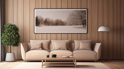 Wall Mural - interior of modern living room with wooden walls, wooden floor, comfortable brown sofa, coffee table