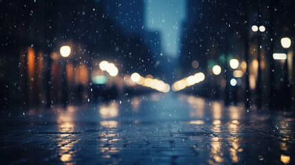 Wall Mural - Rainy city street at night, bokeh light background., generative ai