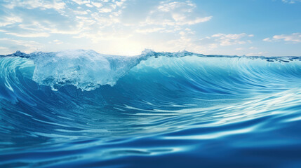 Wall Mural - 3D illustration of blue ocean wave with reflection on water surface over sky background., generative ai