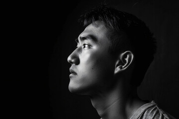 Side profile portrait of an Asian man wearing a light grey t-shirt, isolated on a black background, in a grayscale style with studio lighting.


