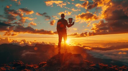 Wall Mural - Silhouette of a Man Holding a Trophy at Sunset