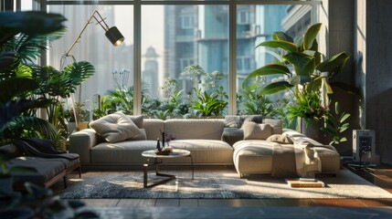 Wall Mural - Cutting-edge living room interior with oversized sofa, sculptural floor lamp, and lush plants. Textured accent wall contrasts with floor-to-ceiling windows.  