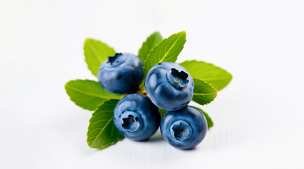 Wall Mural - Organic and fresh blueberry isolated on white background, Closeup of fresh blueberry with leaves on white background