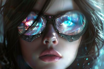 Poster - Closeup of a woman with glowing cyberpunk glasses reflecting a hightech world