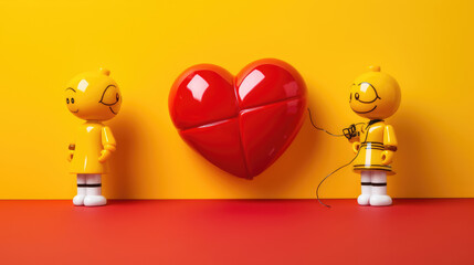 Wall Mural - loving couple toys, against a yellow background with hearts., generative ai
