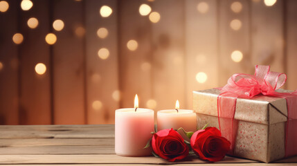 Wall Mural - Gift box with roses and candles on wooden table, on light background., generative ai