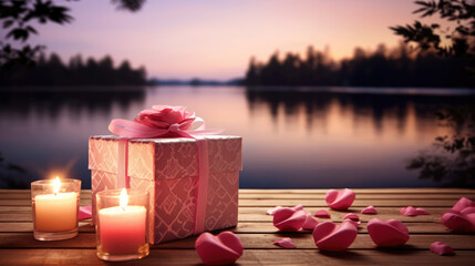 Wall Mural - Romantic still life with gift box, roses, candle and hearts on wooden table, the background is the lake., generative ai