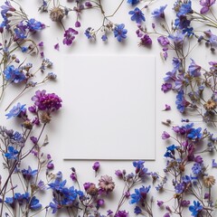 Purple and Blue Wildflowers Arranged Around a White Card on a White Background