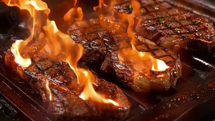 Wall Mural - Thick ribeye steaks sizzling over an open flame perfumed with the rich smoky flavor of wild boar bacon.