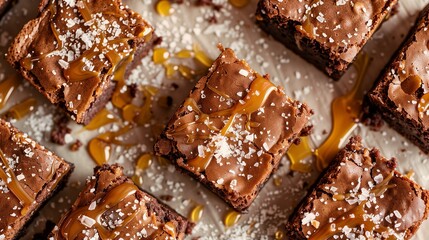 Wall Mural -  top view detail of fresh brownie sprinkled with caramel and sea salt, delicious